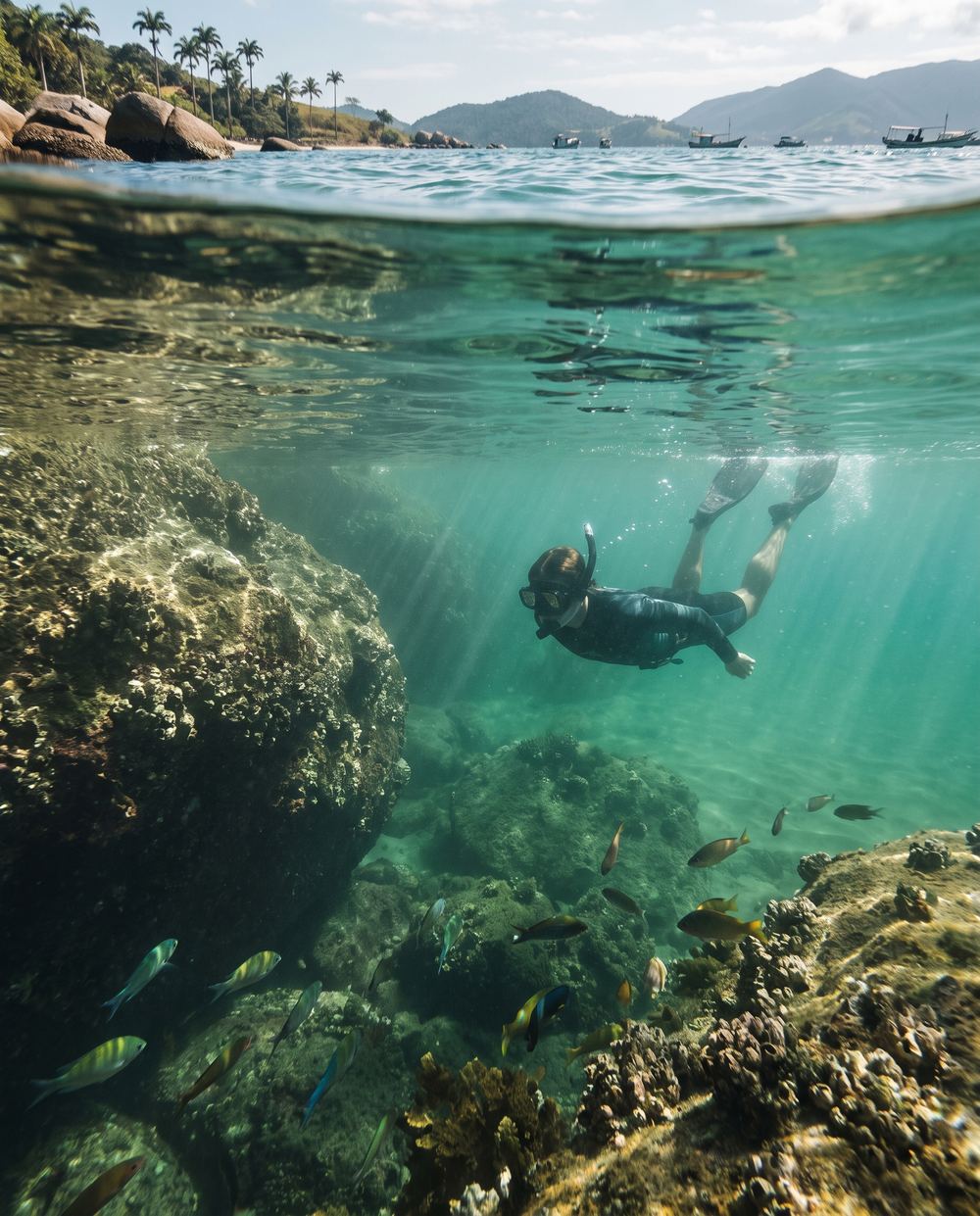 Mergulho em águas claras perto da Ilha dos Ratos
