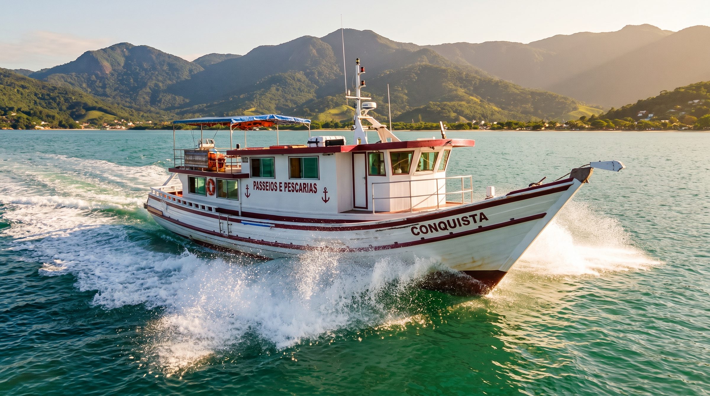 Embarcação Conquista cortando as águas da Baía de Guaratuba ao entardecer
